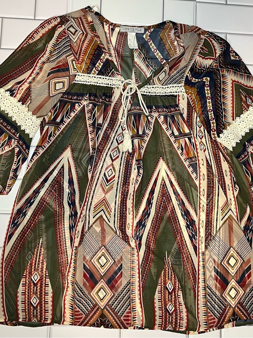Janette Plus Olive Multi Aztec-Print Girls' Dress with Cream Crochet Trim